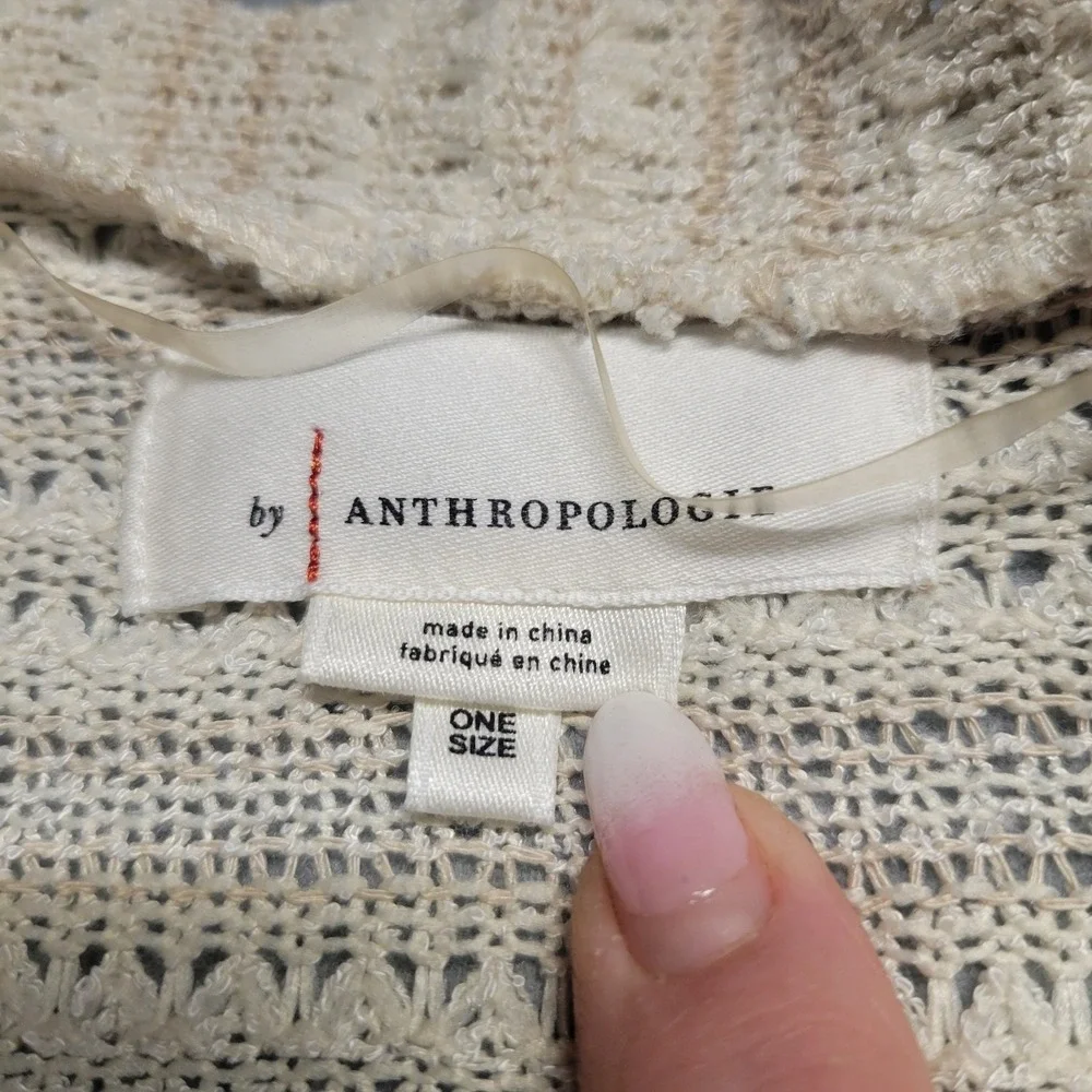 Anthropologie Cream Striped Pointelle Knit Open Front Cardigan Balloon Sleeve OS